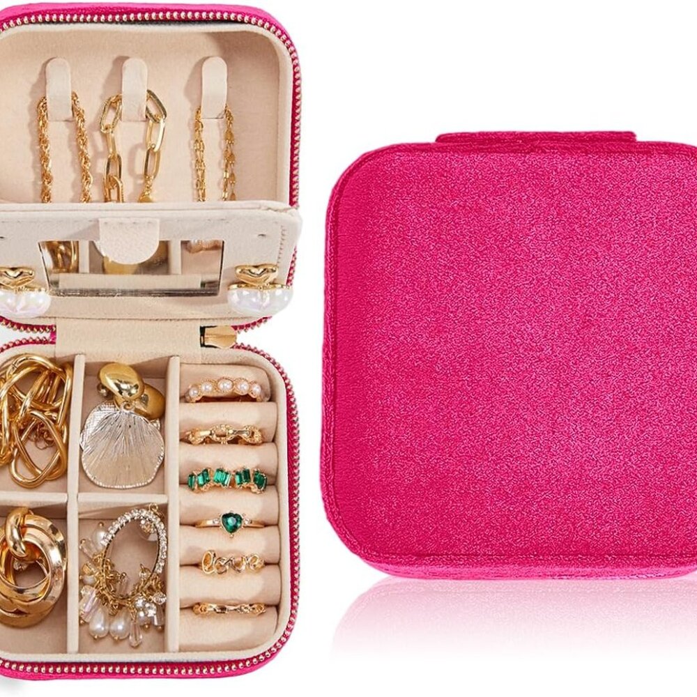 Travel Jewelry Box with Mirror, Velvet Mini Case for Women Girls, Small Portable